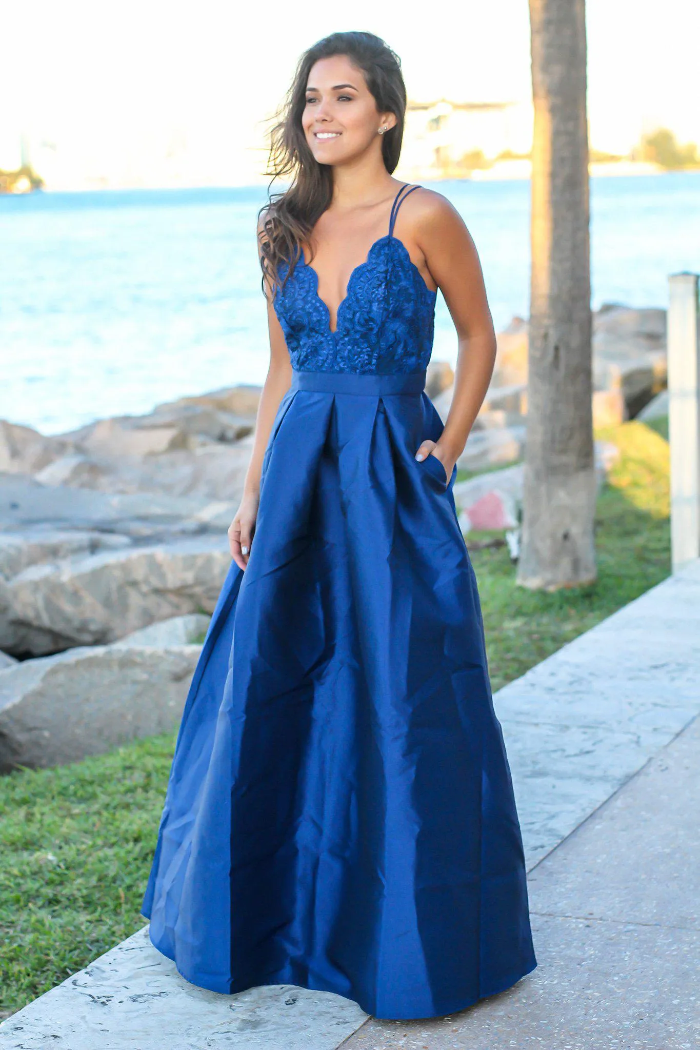 Navy Strappy Back Maxi Dress with Embroidered Top