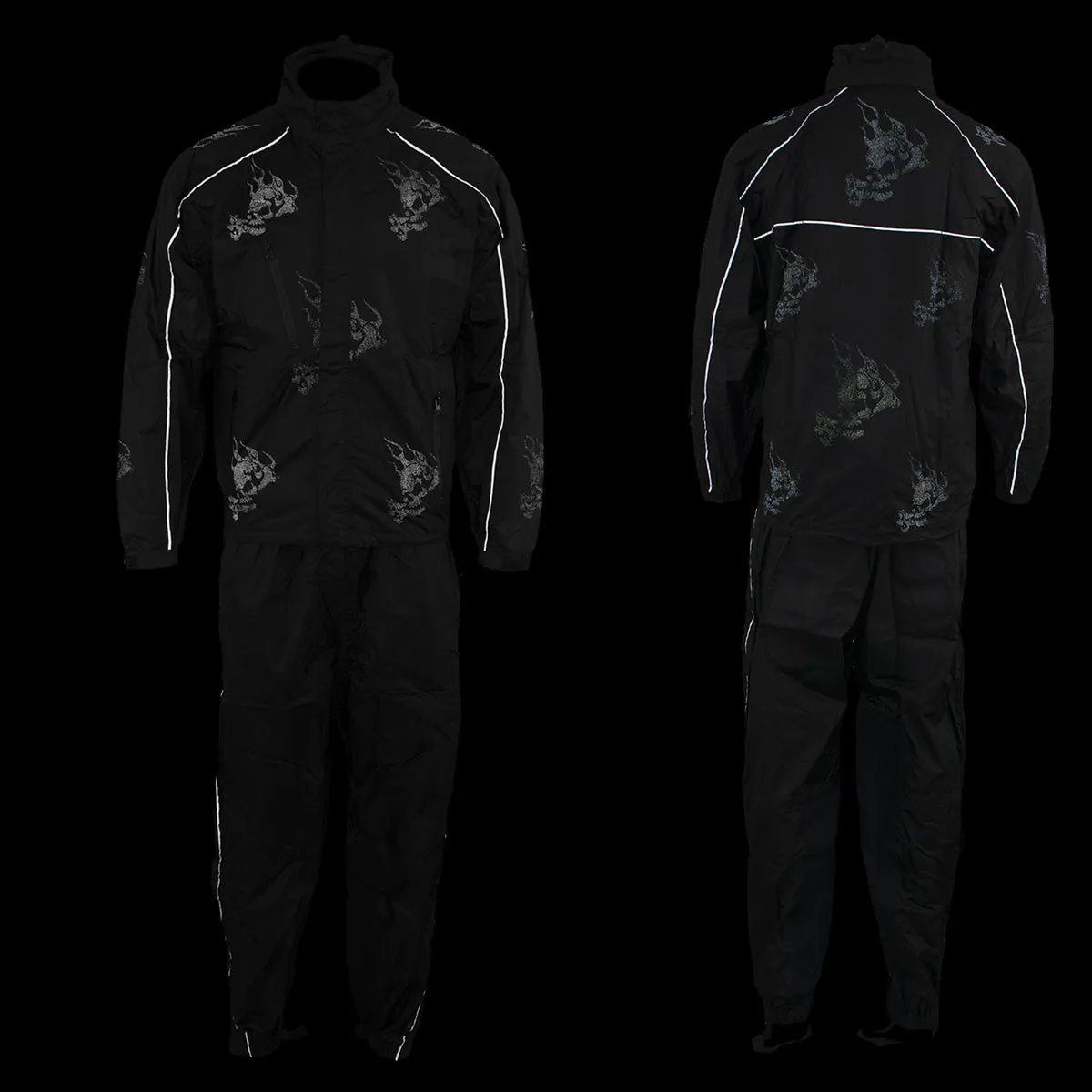 NexGen SH2334 Men’s Black Water Proof Rain Suit with Reflective Flame Skull Design