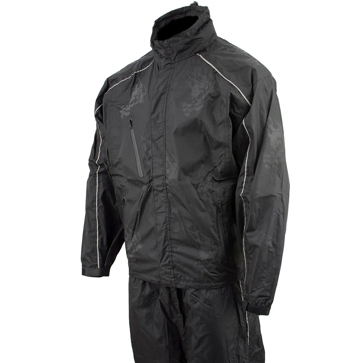 NexGen SH2334 Men’s Black Water Proof Rain Suit with Reflective Flame Skull Design