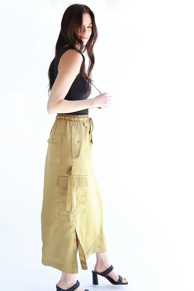 Olive Silk Cargo Maxi Skirt