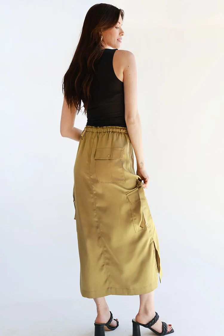 Olive Silk Cargo Maxi Skirt