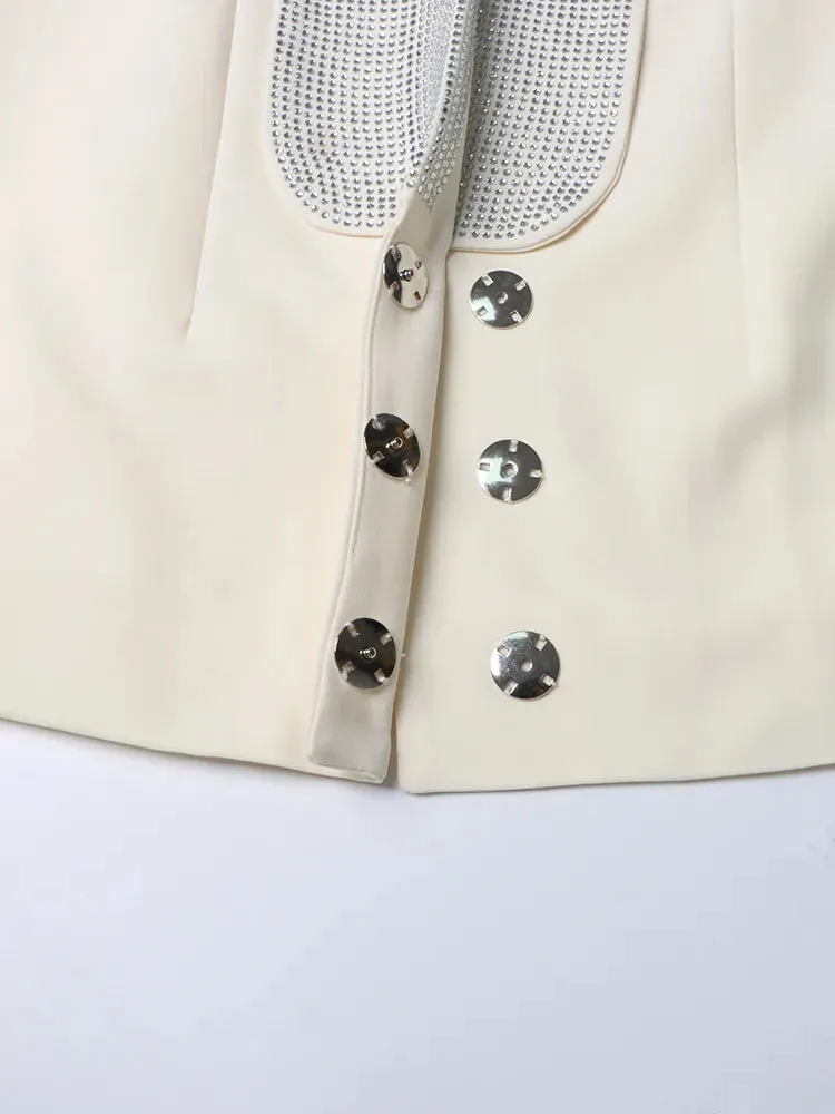 Patchwork Diamonds Backless Sexy Blazers For Women V Neck Long Sleeve Loose Blazer Female Fashion Clothing