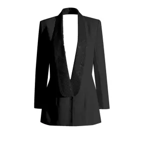 Patchwork Diamonds Backless Sexy Blazers For Women V Neck Long Sleeve Loose Blazer Female Fashion Clothing