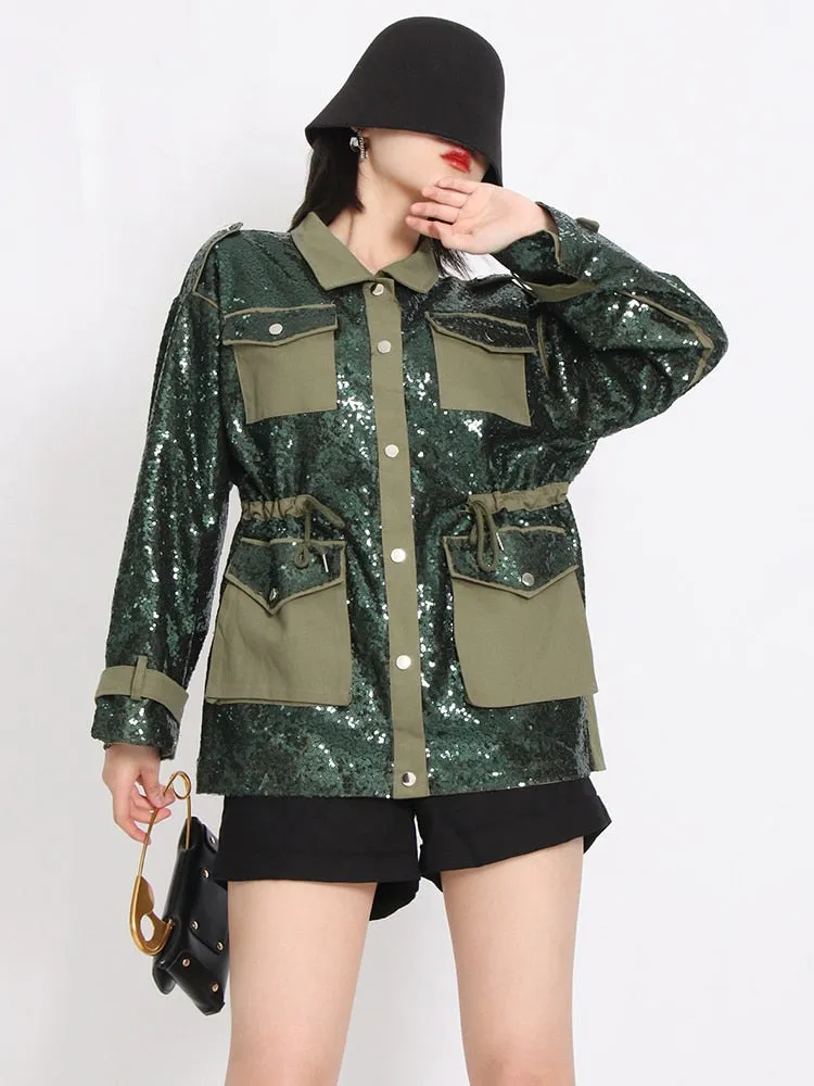 Patchwork Sequins Colorblock Jacket For Women Lapel Long Sleeve Loose Jackets Female Fashion Spring Clothing Style