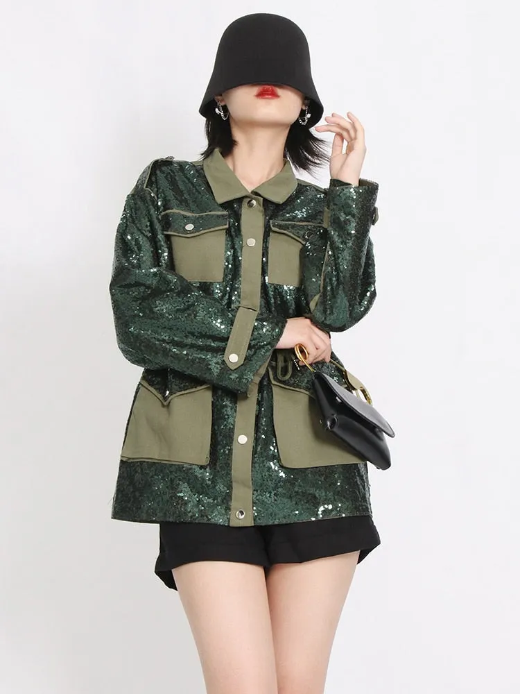 Patchwork Sequins Colorblock Jacket For Women Lapel Long Sleeve Loose Jackets Female Fashion Spring Clothing Style