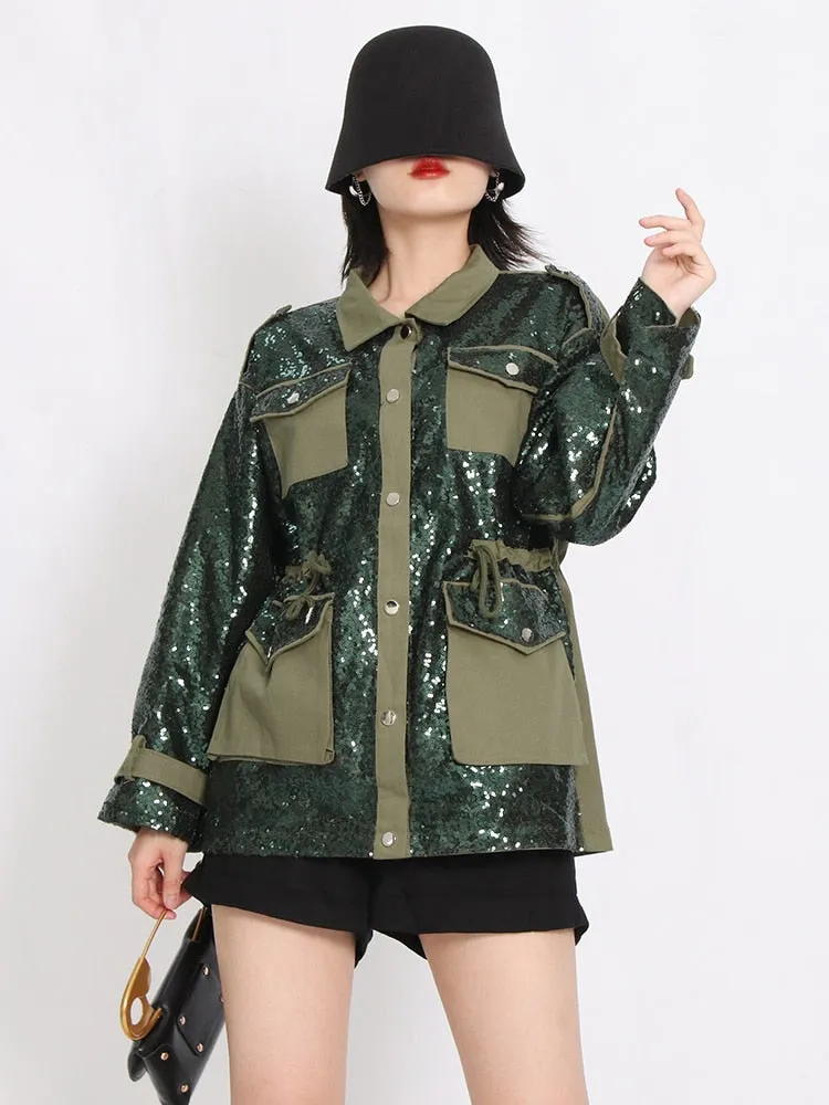 Patchwork Sequins Colorblock Jacket For Women Lapel Long Sleeve Loose Jackets Female Fashion Spring Clothing Style