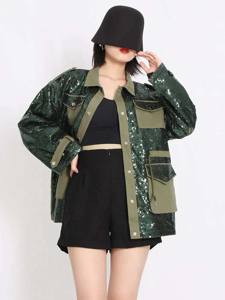 Patchwork Sequins Colorblock Jacket For Women Lapel Long Sleeve Loose Jackets Female Fashion Spring Clothing Style