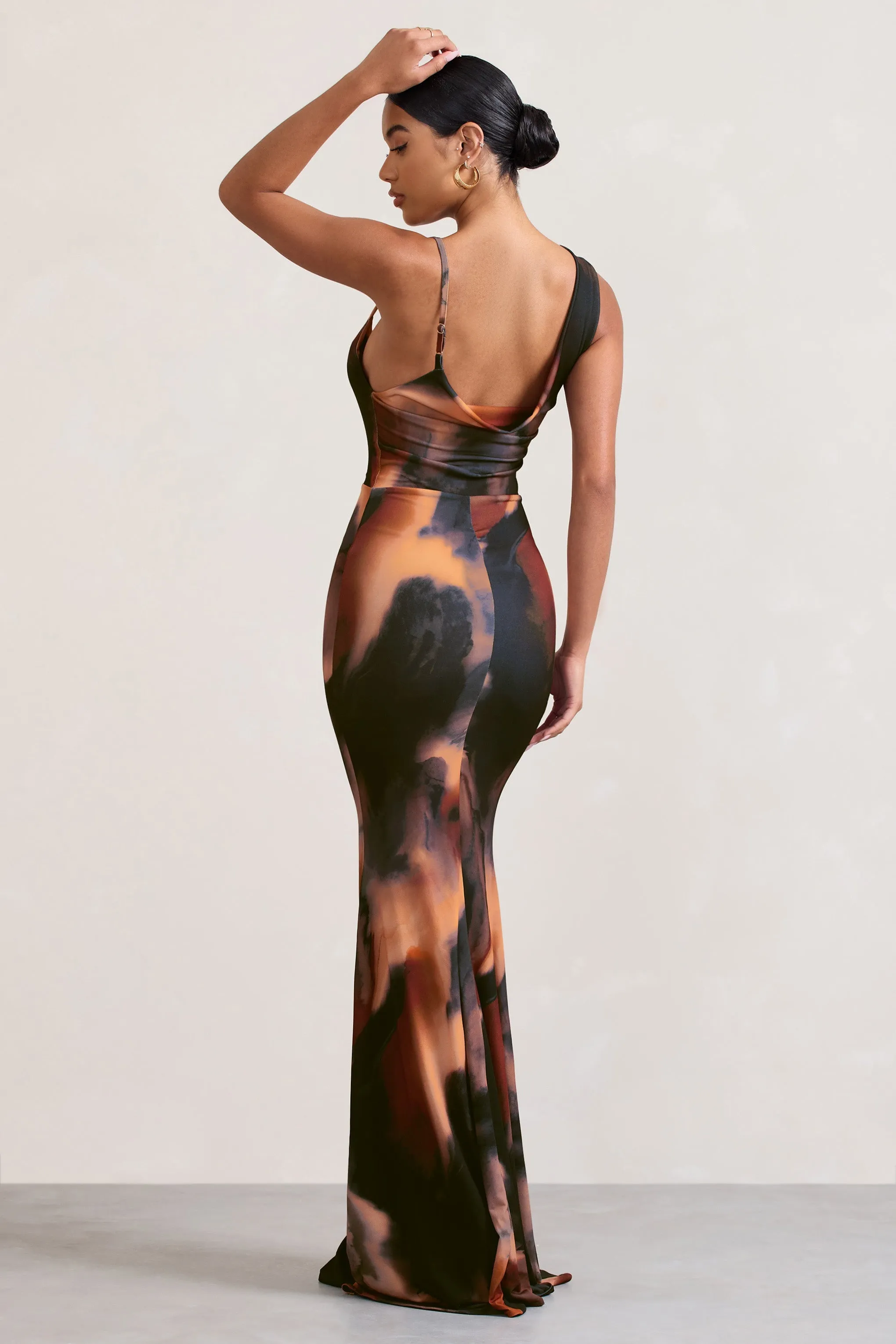 Phantasy |  Orange Smoke Print Asymmetric Neckline Cowl Maxi Dress