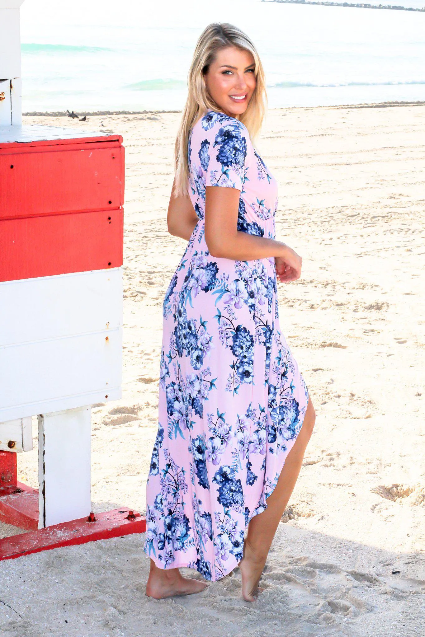 Pink Floral V-Neck High Low Dress