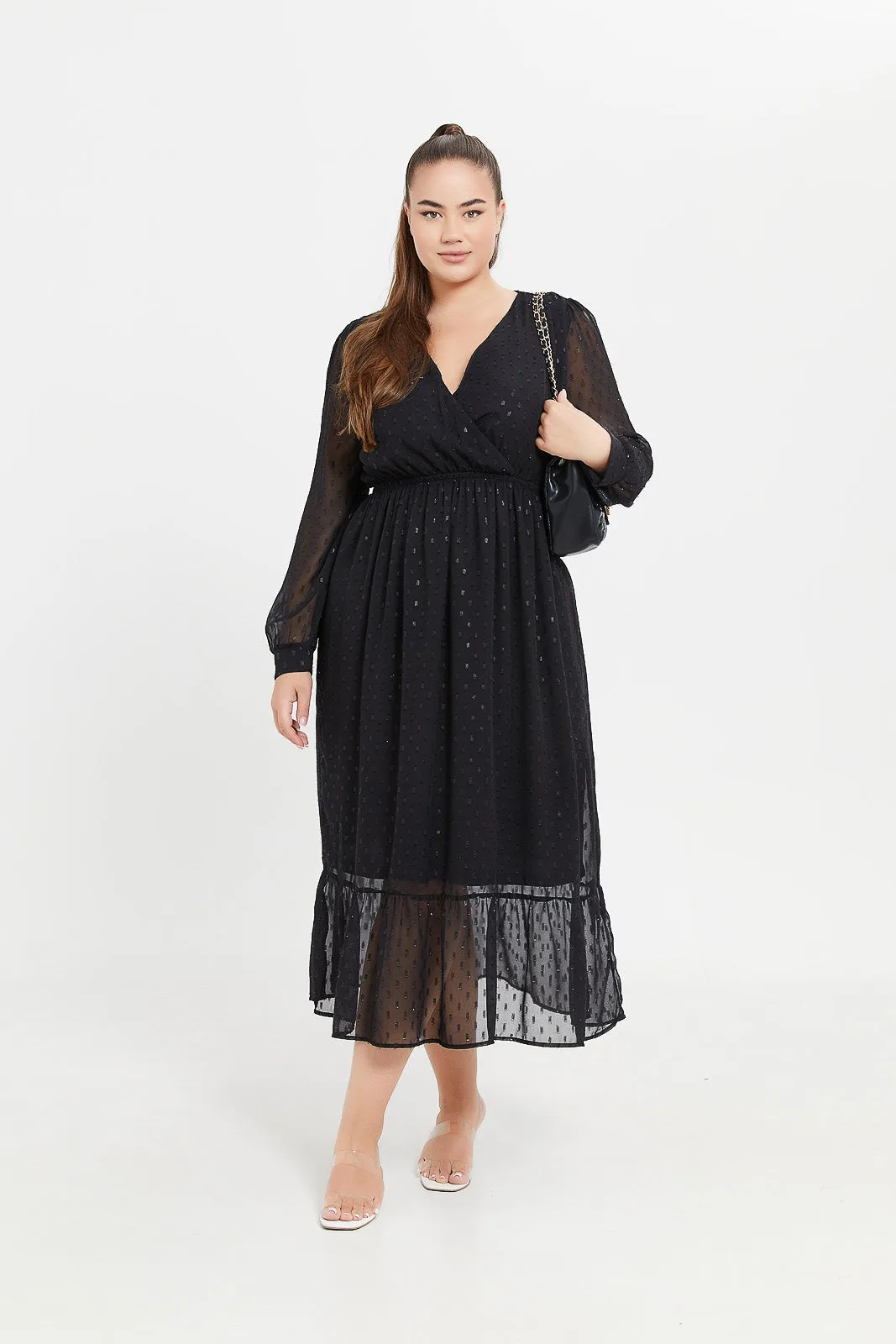 Plus Size Black Lurex Dobby Wrap Maxi Dress