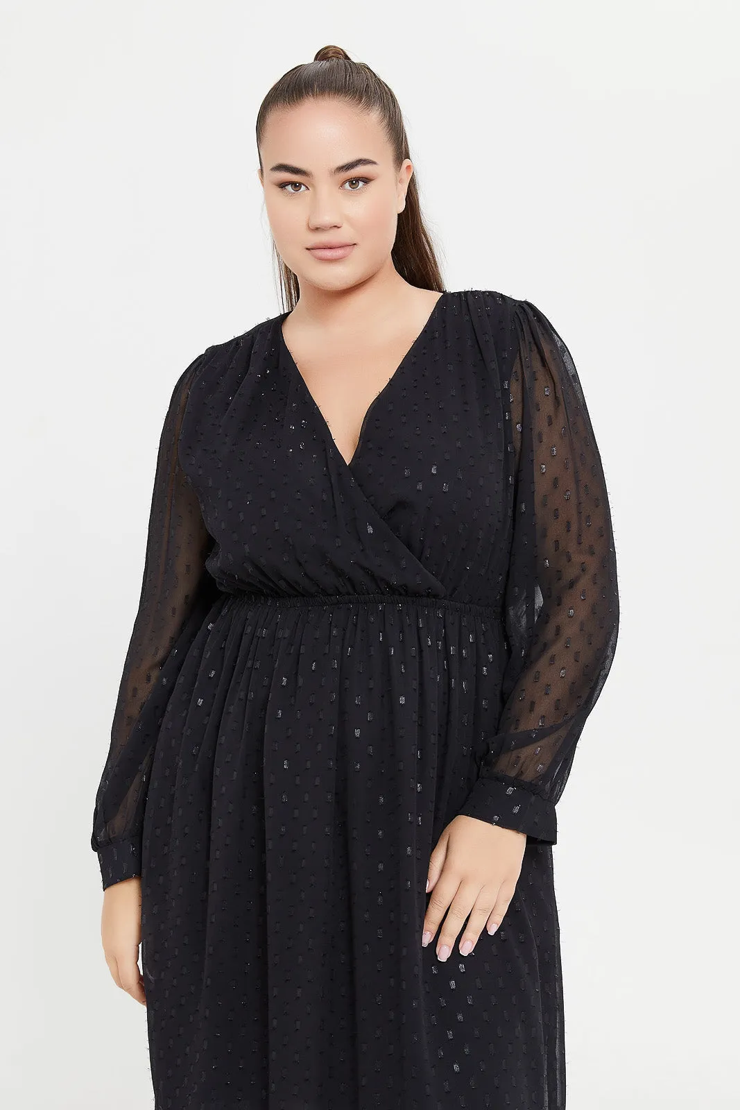 Plus Size Black Lurex Dobby Wrap Maxi Dress