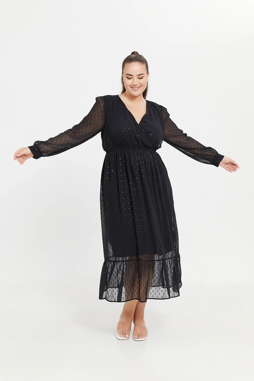 Plus Size Black Lurex Dobby Wrap Maxi Dress