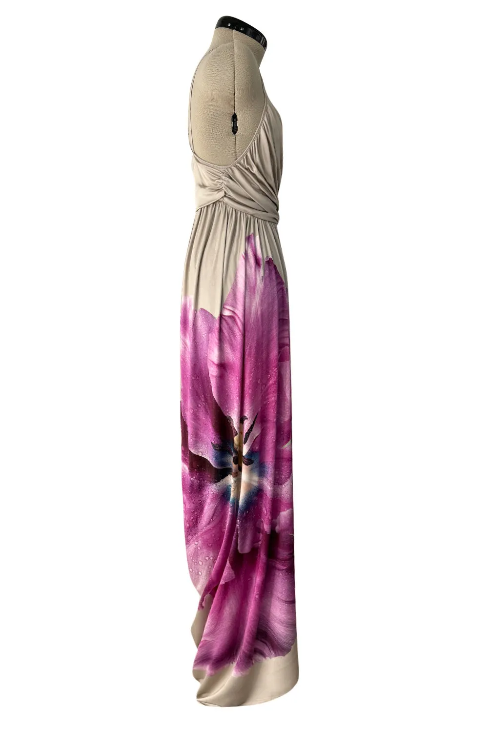 Prettiest 2006 Alexander McQueen Soft Taupe Jersey Dress w Huge Floral Print