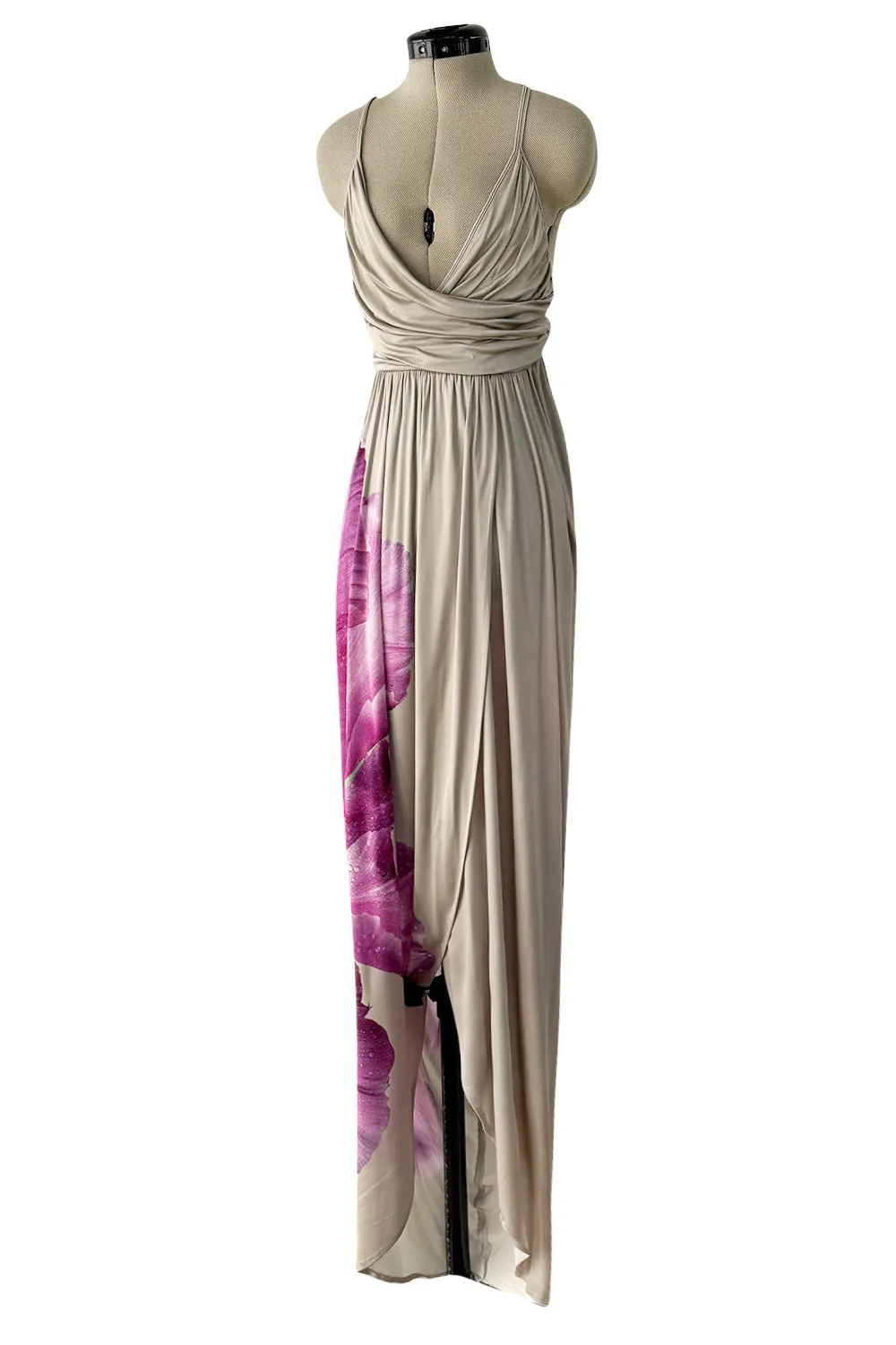 Prettiest 2006 Alexander McQueen Soft Taupe Jersey Dress w Huge Floral Print