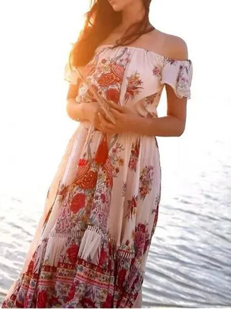 Pretty Bohemia Floral Off Shoulder Short Sleeve Beach Dress Maxi Dress