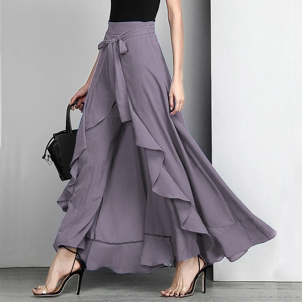 Purpdrank - Women Chiffon Palazzo Pants Tie-Waist Solid Ruffle Hem Cargo Pants Skirts Summer Elegant Loose Irregular Wide Leg Long Trousers