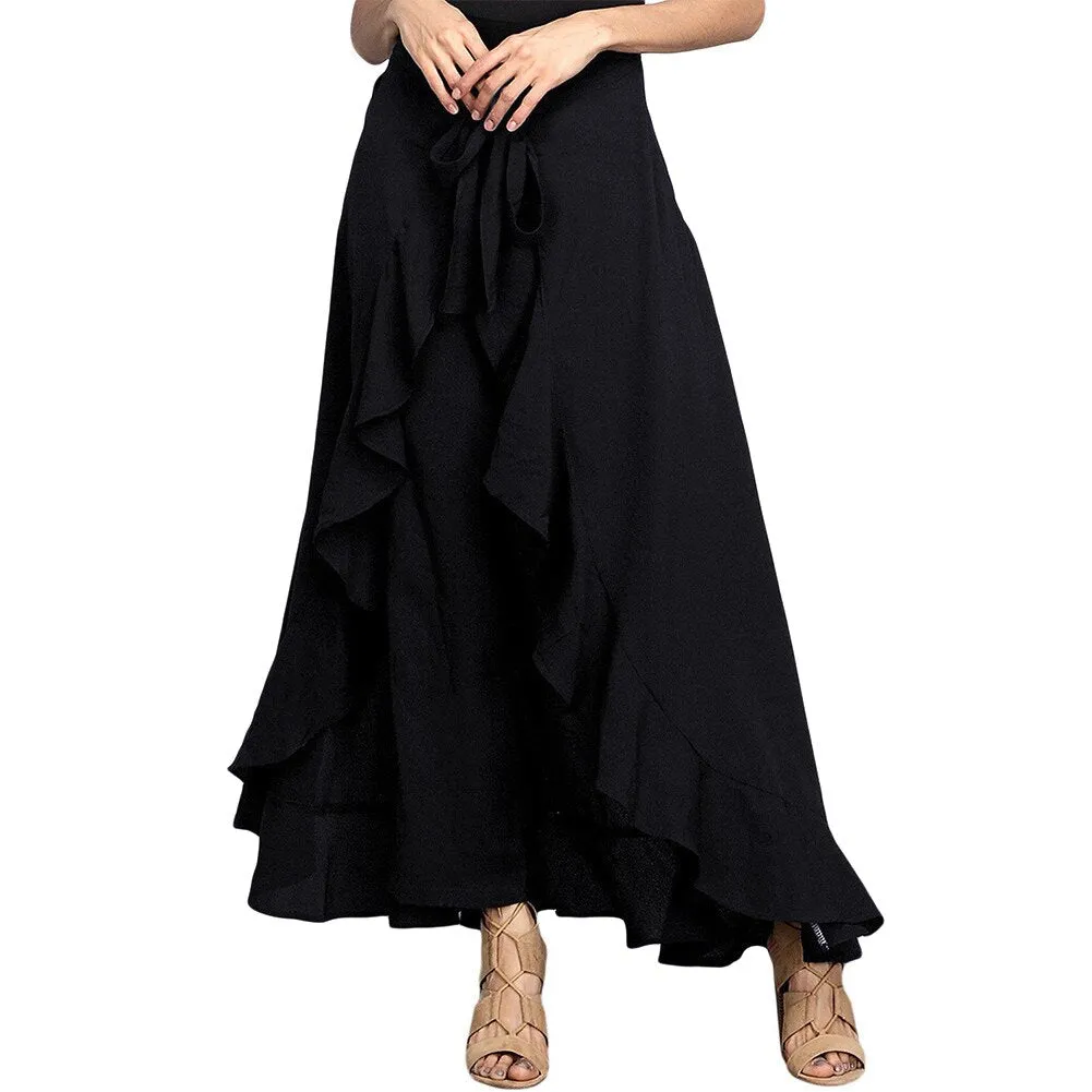 Purpdrank - Women Chiffon Palazzo Pants Tie-Waist Solid Ruffle Hem Cargo Pants Skirts Summer Elegant Loose Irregular Wide Leg Long Trousers