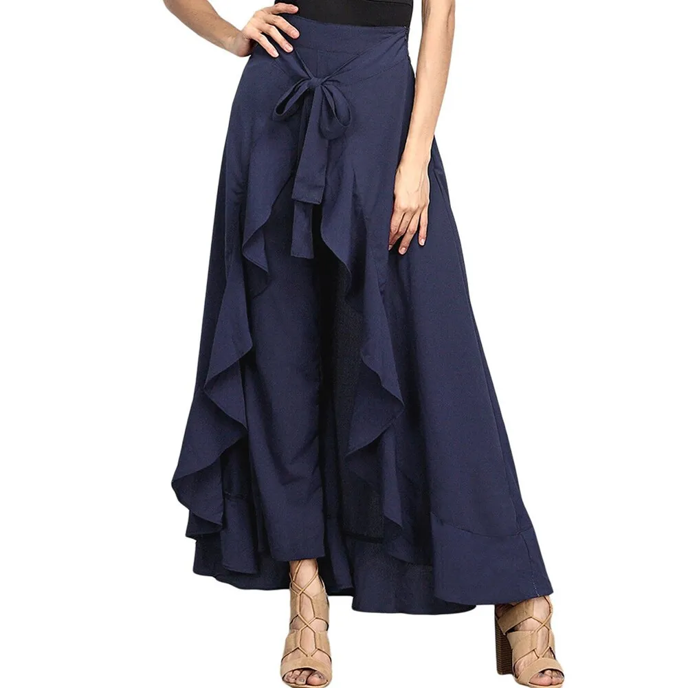 Purpdrank - Women Chiffon Palazzo Pants Tie-Waist Solid Ruffle Hem Cargo Pants Skirts Summer Elegant Loose Irregular Wide Leg Long Trousers