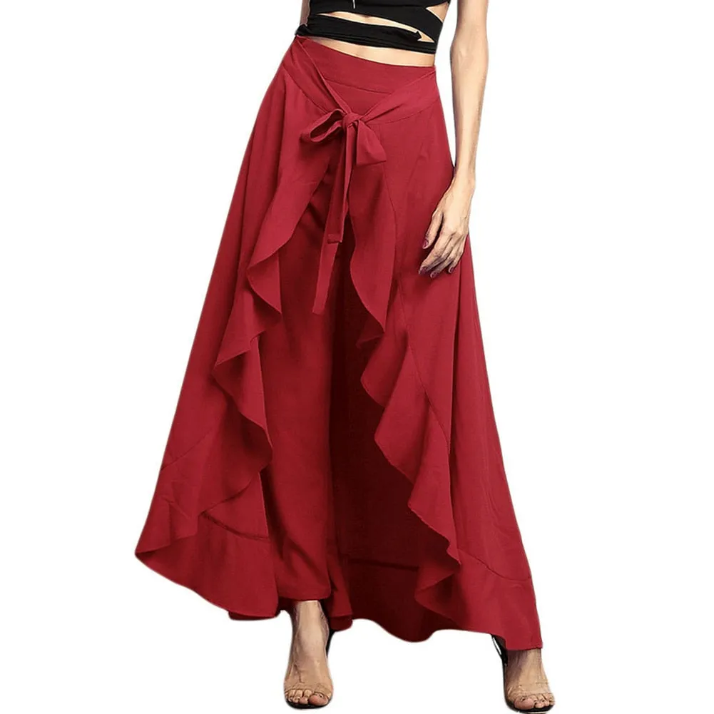 Purpdrank - Women Chiffon Palazzo Pants Tie-Waist Solid Ruffle Hem Cargo Pants Skirts Summer Elegant Loose Irregular Wide Leg Long Trousers