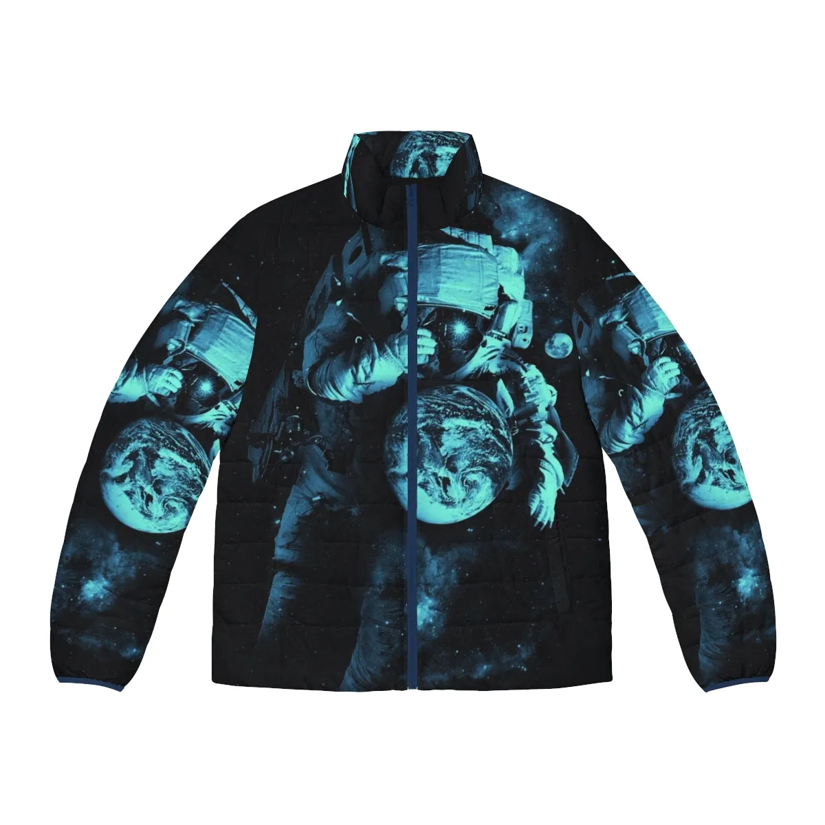 "Cosmic Exploration Puffer Jacket: 'It's a Small World After All' Design"