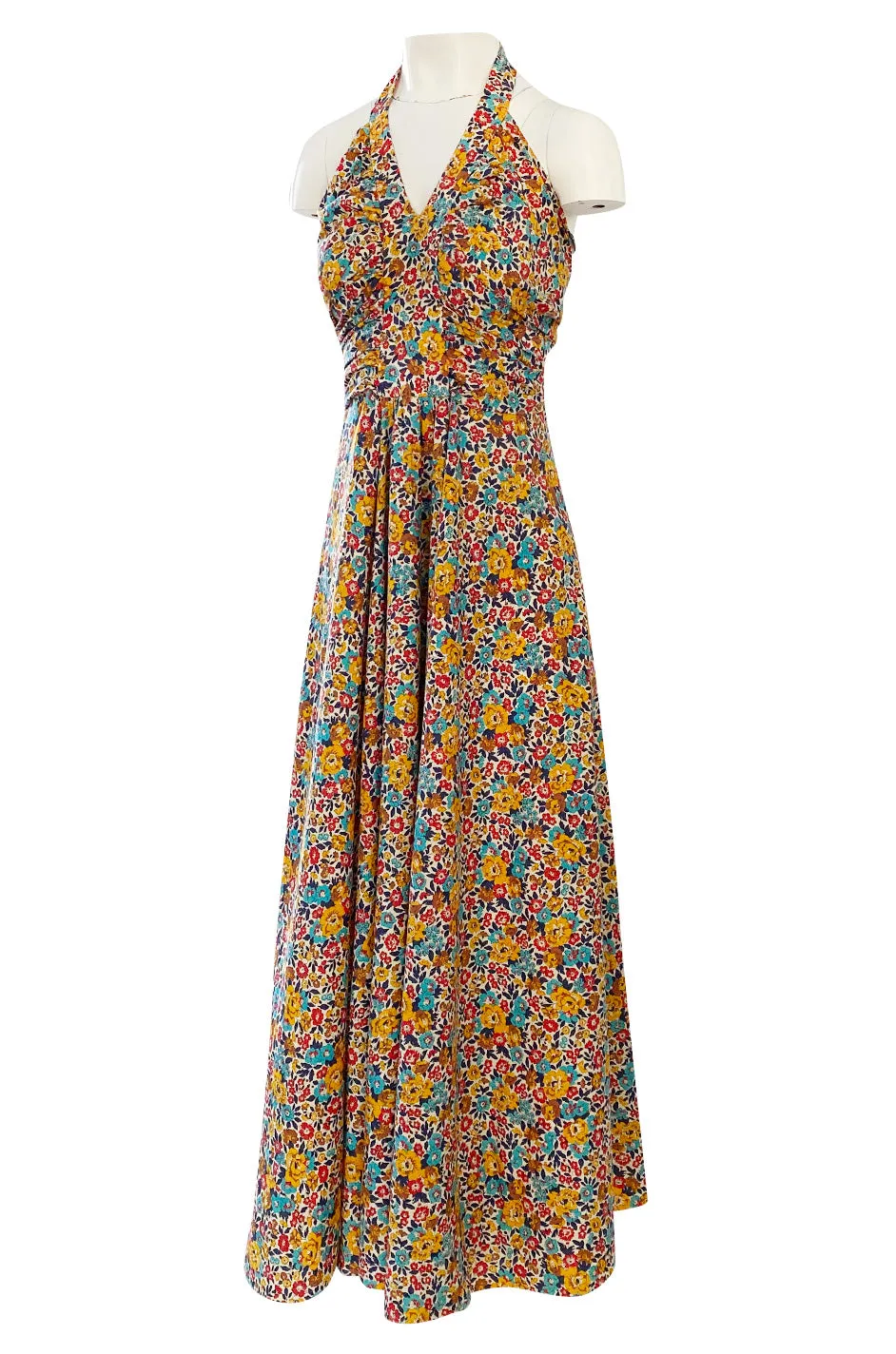 Rare 1970s Annacat Pretty Floral Print Cotton Tie Back Wrap Halter Maxi Dress