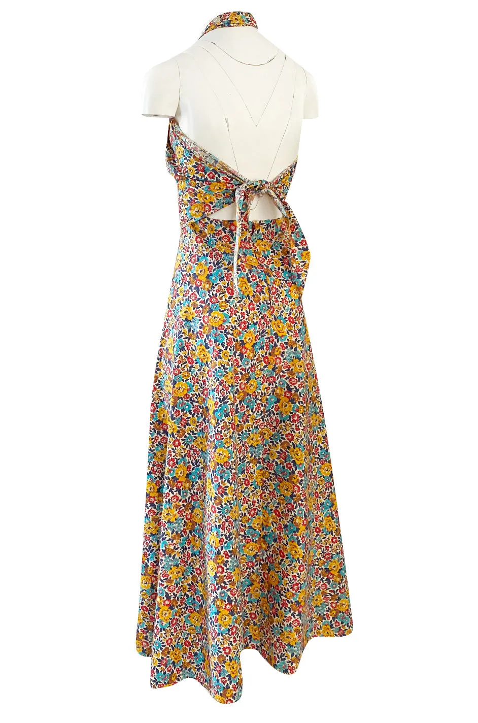 Rare 1970s Annacat Pretty Floral Print Cotton Tie Back Wrap Halter Maxi Dress