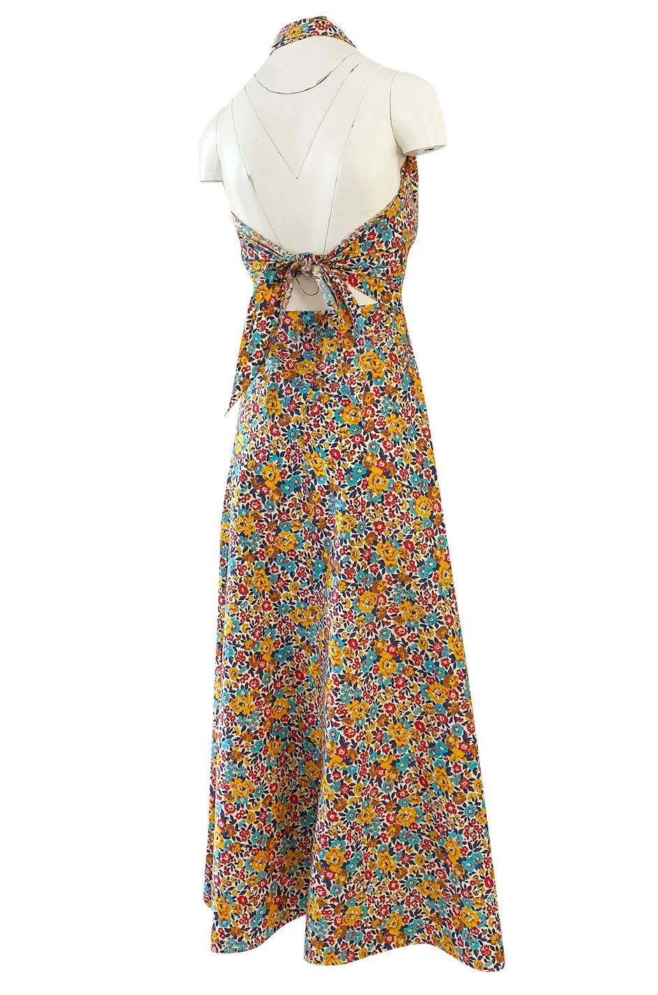 Rare 1970s Annacat Pretty Floral Print Cotton Tie Back Wrap Halter Maxi Dress