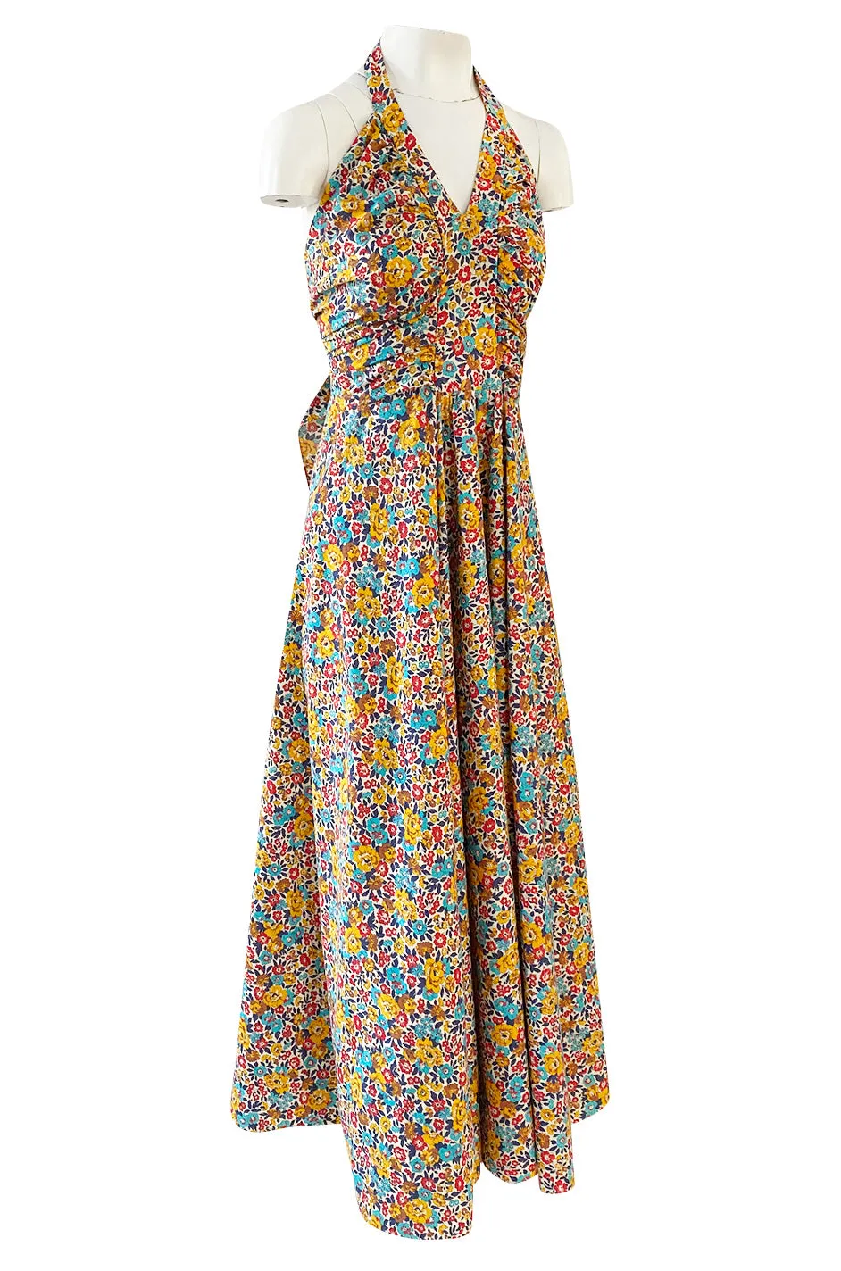 Rare 1970s Annacat Pretty Floral Print Cotton Tie Back Wrap Halter Maxi Dress