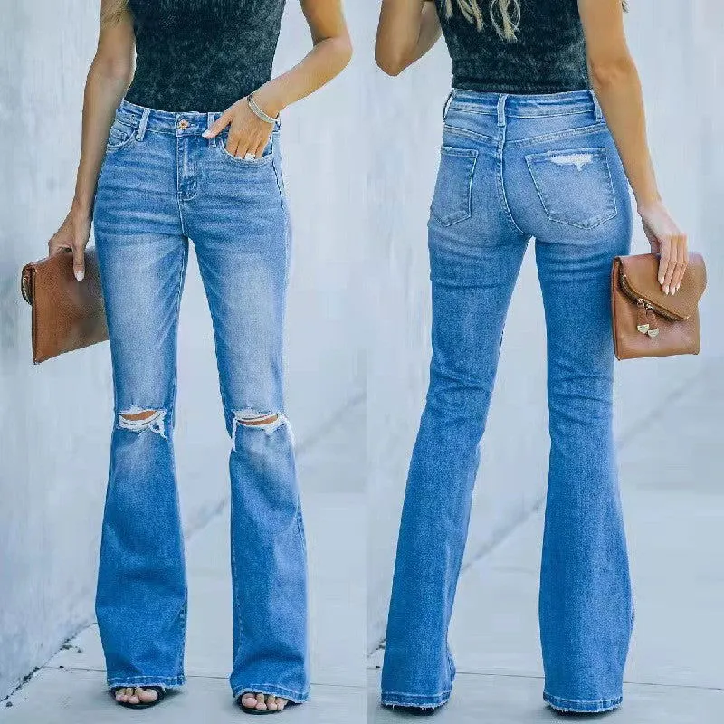 Ripped Knee High Waist Flared Leg Washed Denim Jeans