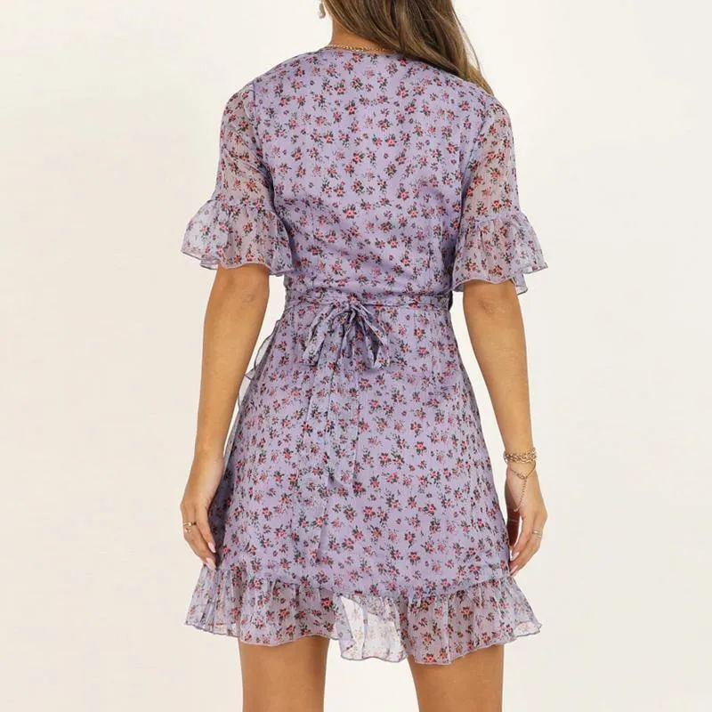 Ruffle Floral Chiffon Wrap Dress