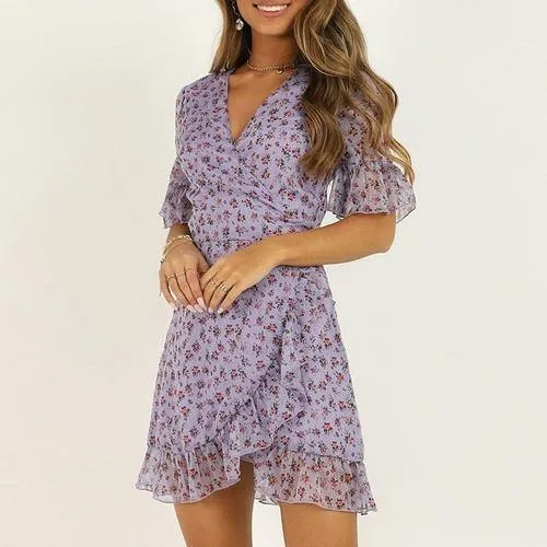 Ruffle Floral Chiffon Wrap Dress