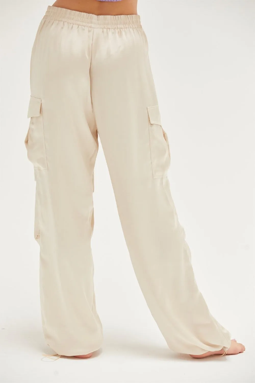 Satin Drawstring Hem Cargo Resort Pants