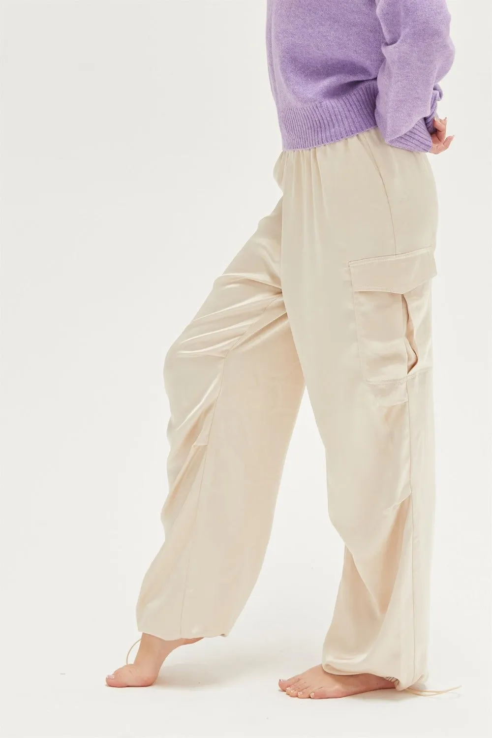 Satin Drawstring Hem Cargo Resort Pants