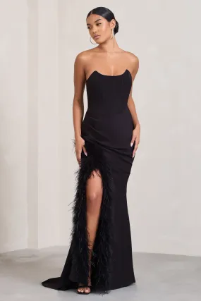 Say Yes | Black Corset Maxi Dress With Split Feather Skirt