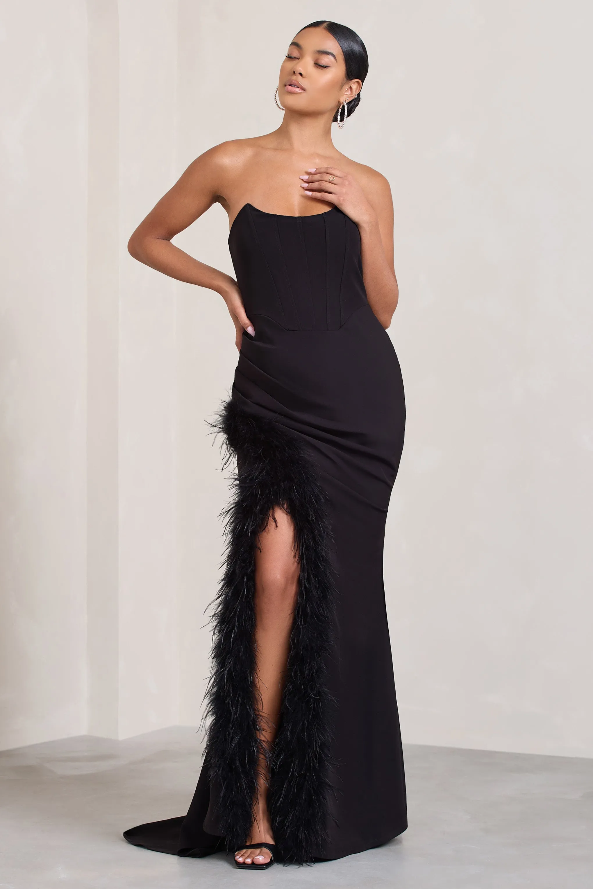 Say Yes | Black Corset Maxi Dress With Split Feather Skirt