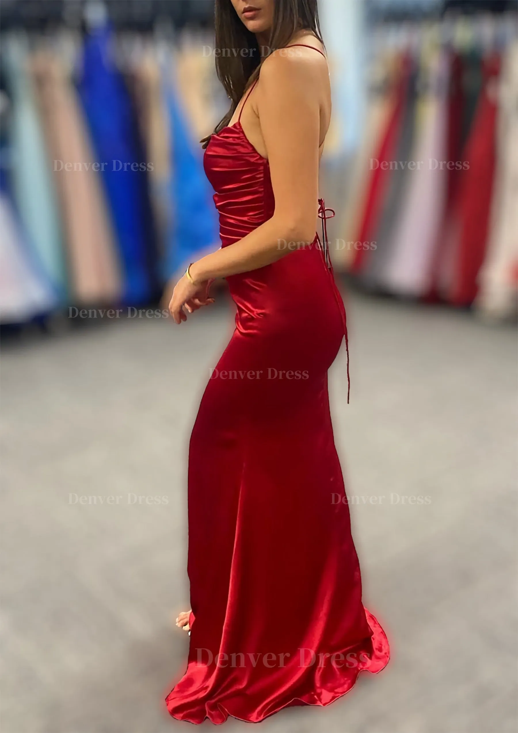 Sheath/Column Bateau Spaghetti Straps Long/Floor-Length Charmeuse Prom Dress With Pleated