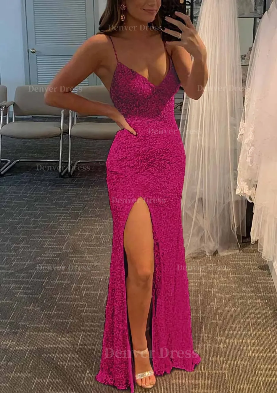 Sheath/Column V Neck Spaghetti Straps Long/Floor-Length Velvet Sequins Prom Dress With Split