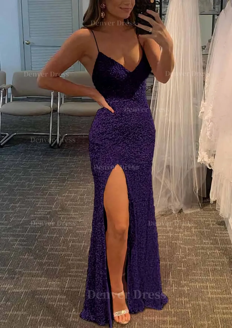 Sheath/Column V Neck Spaghetti Straps Long/Floor-Length Velvet Sequins Prom Dress With Split