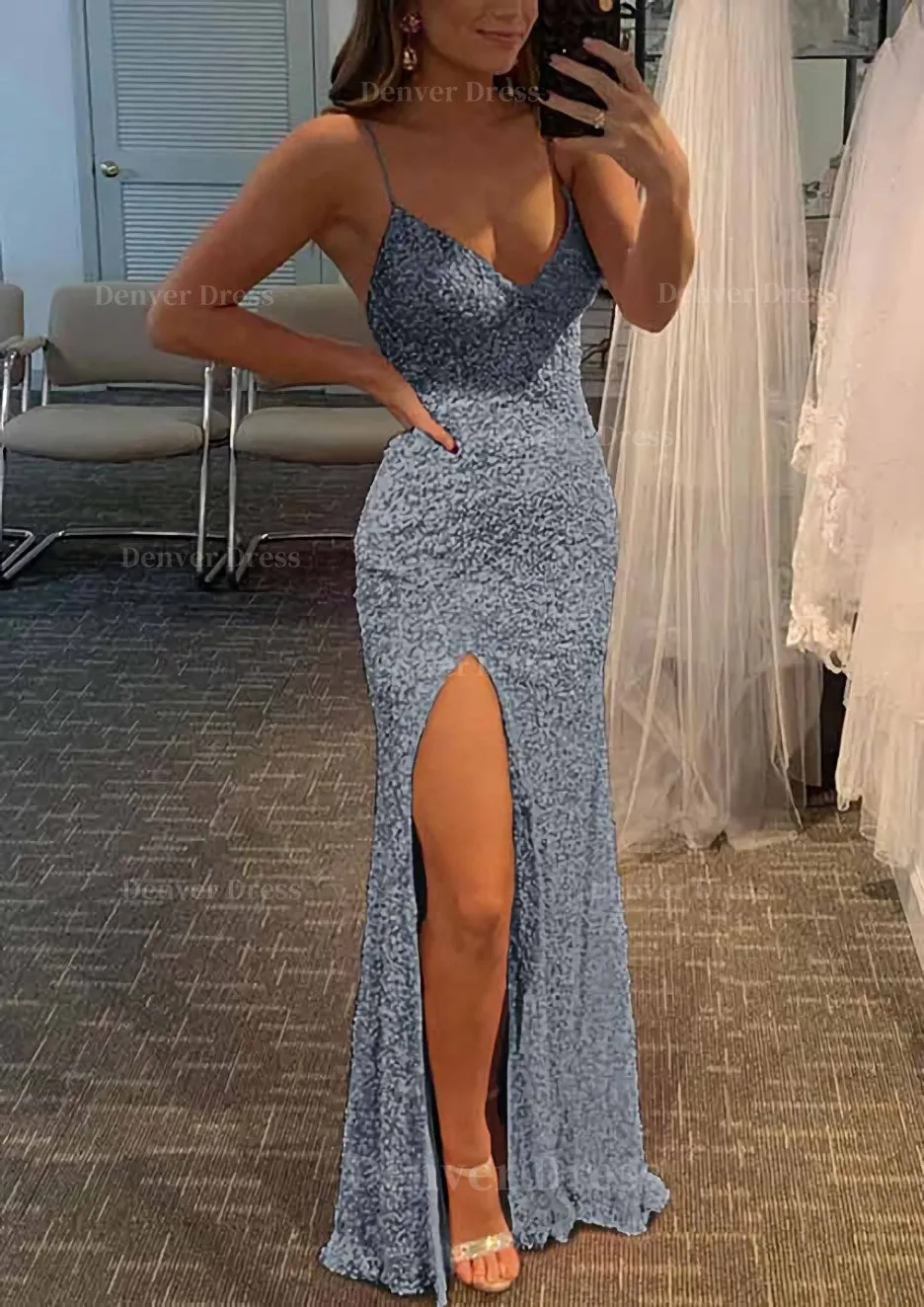 Sheath/Column V Neck Spaghetti Straps Long/Floor-Length Velvet Sequins Prom Dress With Split