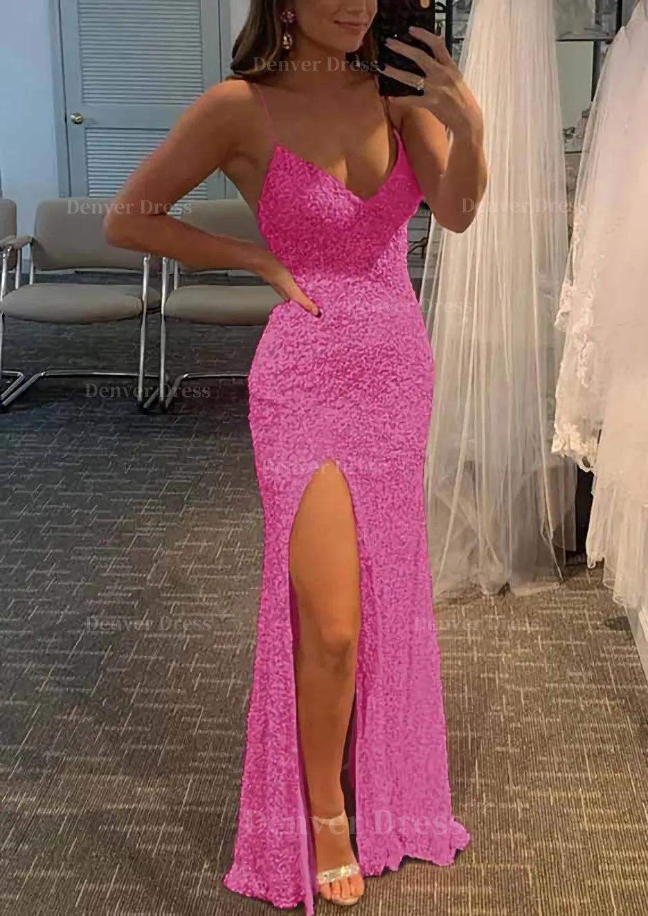 Sheath/Column V Neck Spaghetti Straps Long/Floor-Length Velvet Sequins Prom Dress With Split