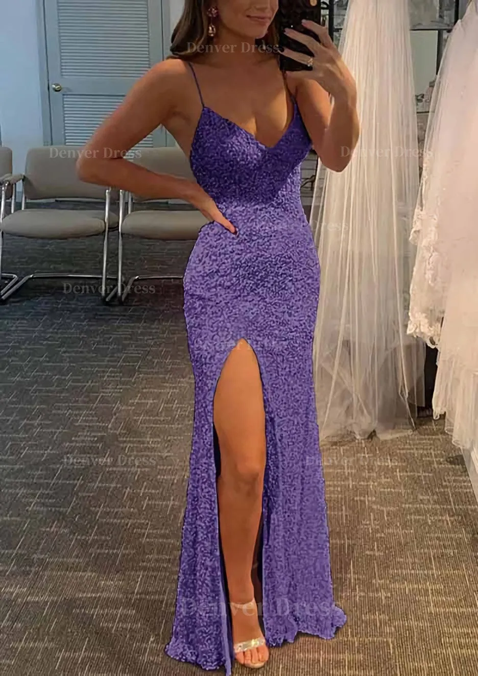 Sheath/Column V Neck Spaghetti Straps Long/Floor-Length Velvet Sequins Prom Dress With Split