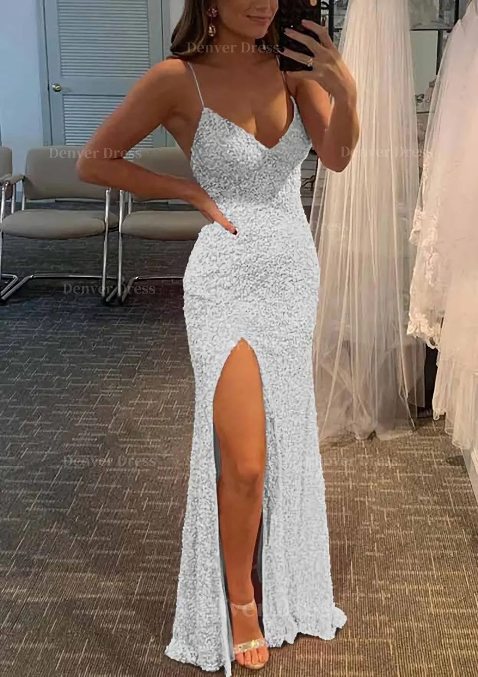 Sheath/Column V Neck Spaghetti Straps Long/Floor-Length Velvet Sequins Prom Dress With Split