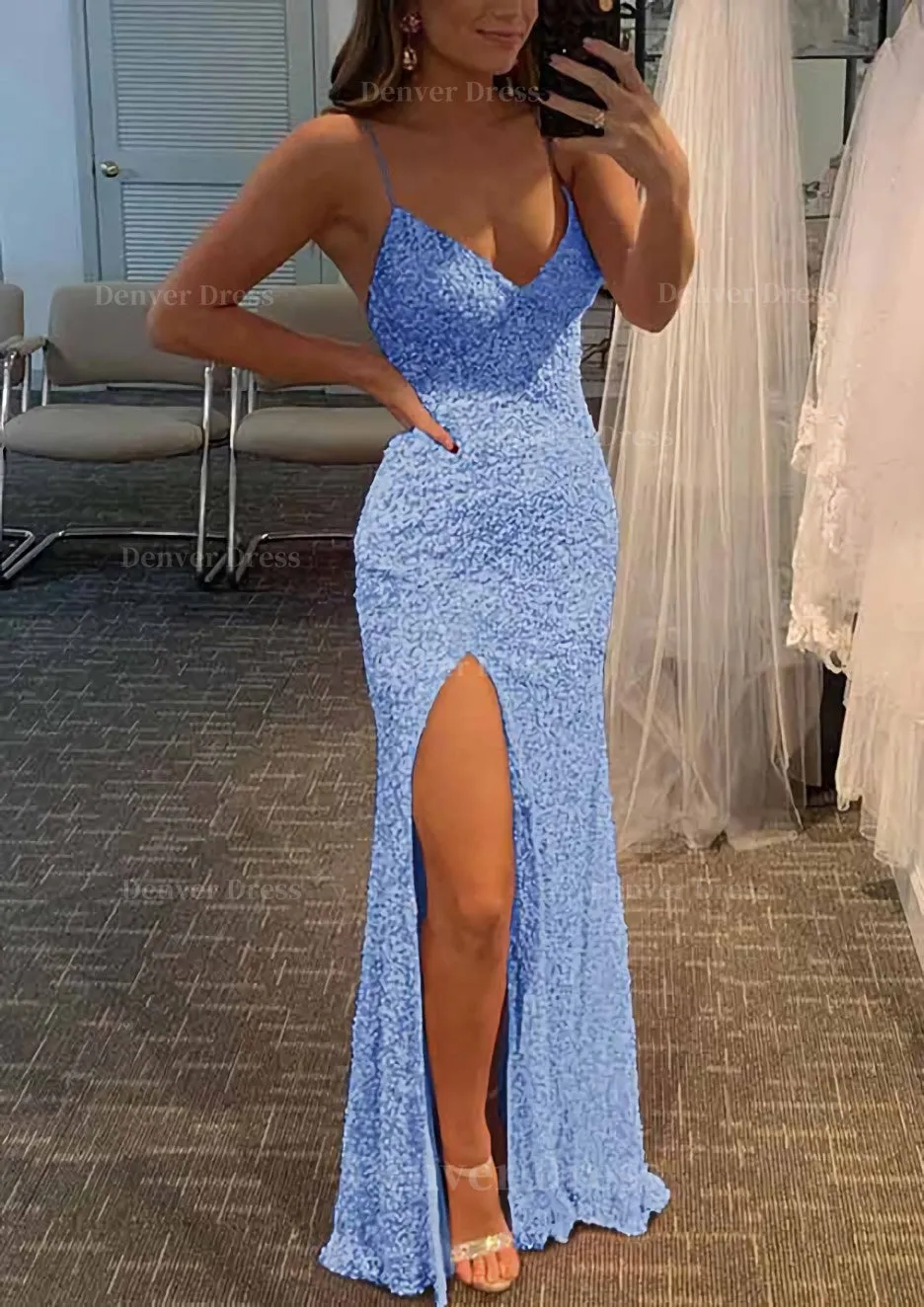 Sheath/Column V Neck Spaghetti Straps Long/Floor-Length Velvet Sequins Prom Dress With Split