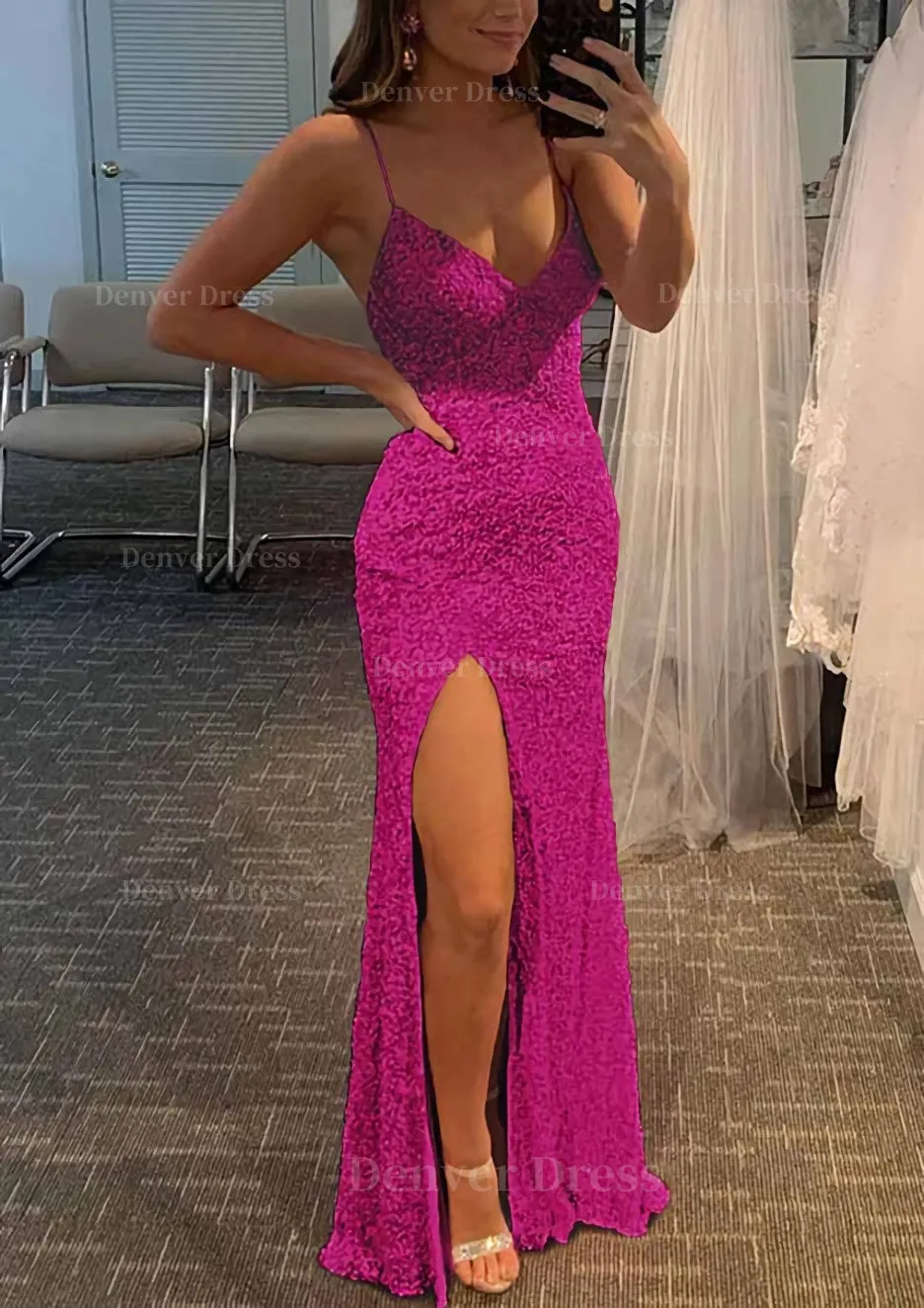 Sheath/Column V Neck Spaghetti Straps Long/Floor-Length Velvet Sequins Prom Dress With Split