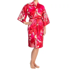 Silk Crane Print Short Red Japanese Kimono