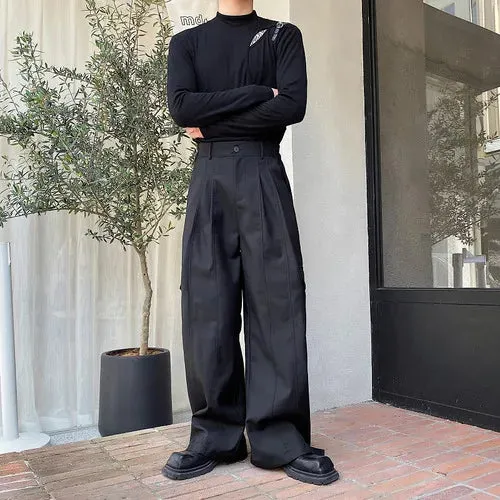 Solid Black Pleated Straight Pants