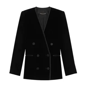 Solid Casual Patchwork Double Breasted Blazers For Women V Neck Long Sleeve Minimalist Velvet Blazer Female