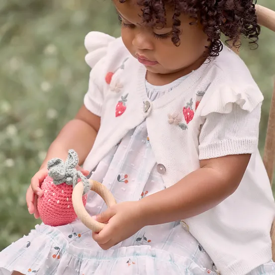 Strawberry Flutter Sleeve Hand-Embroidered Baby Cardigan