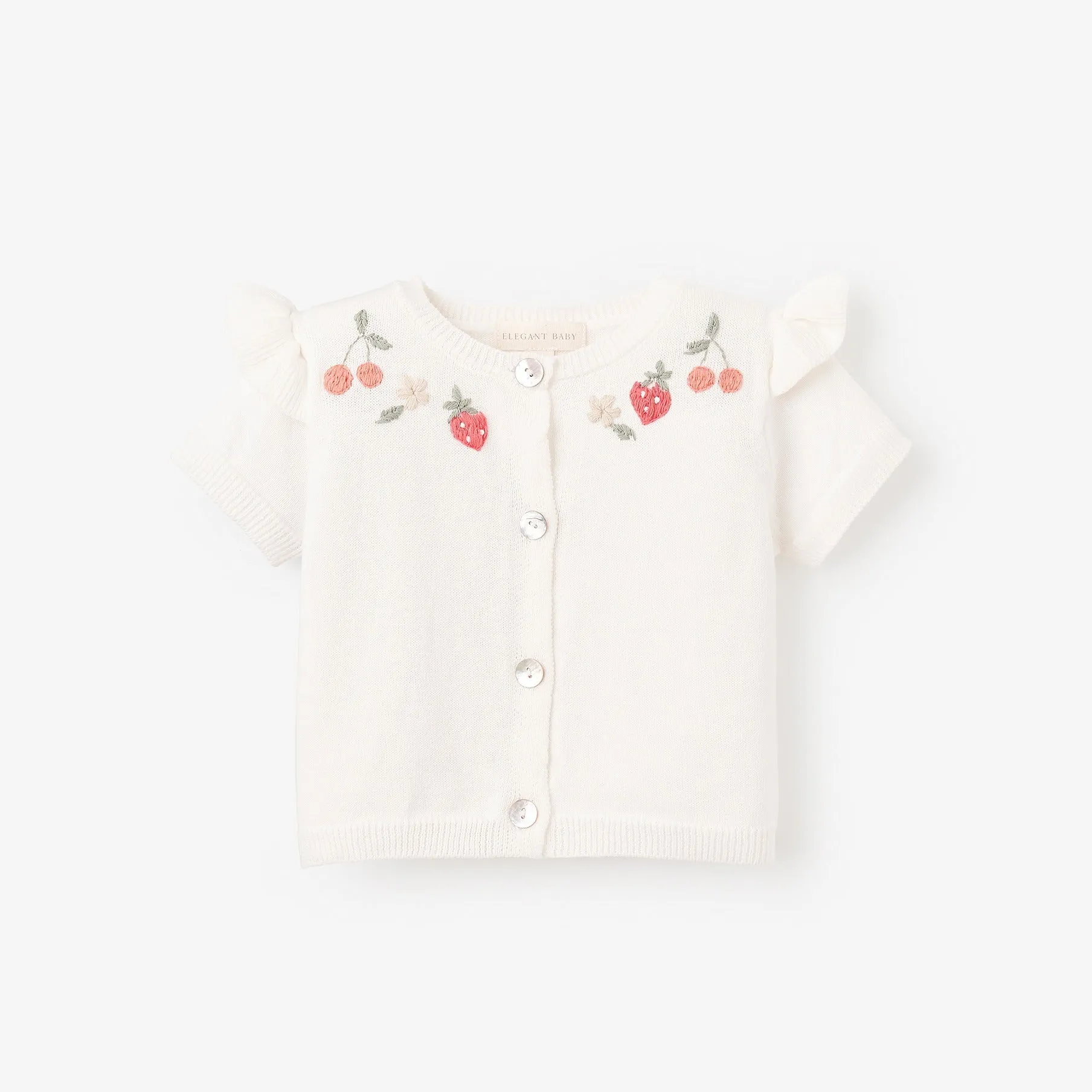 Strawberry Flutter Sleeve Hand-Embroidered Baby Cardigan