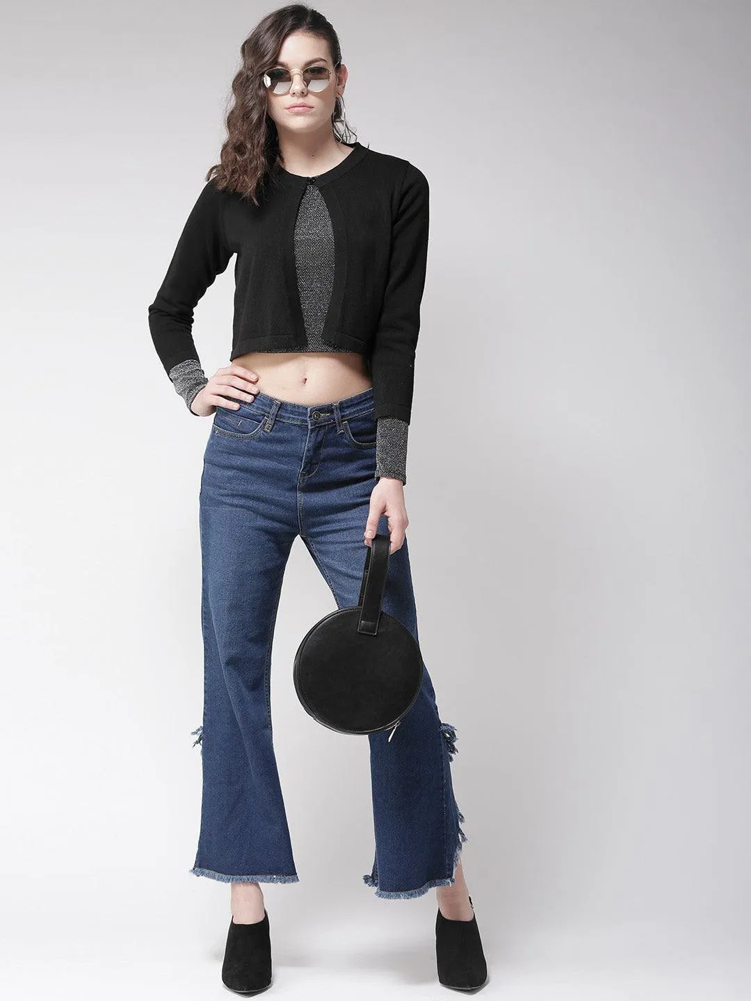 Style Quotient Women Black And Red Shimmered Smart Casual Crop Shrug